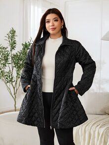 Solflare Plus Size Pocket Zipper Solid Color Padded Coat Winter,Fall,Casual,Going Out - Black - View 4
