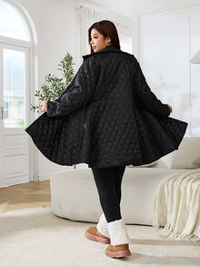 Solflare Plus Size Pocket Zipper Solid Color Padded Coat Winter,Fall,Casual,Going Out - Black - View 7