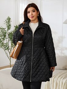 Solflare Plus Size Pocket Zipper Solid Color Padded Coat Winter,Fall,Casual,Going Out - Black - View 5