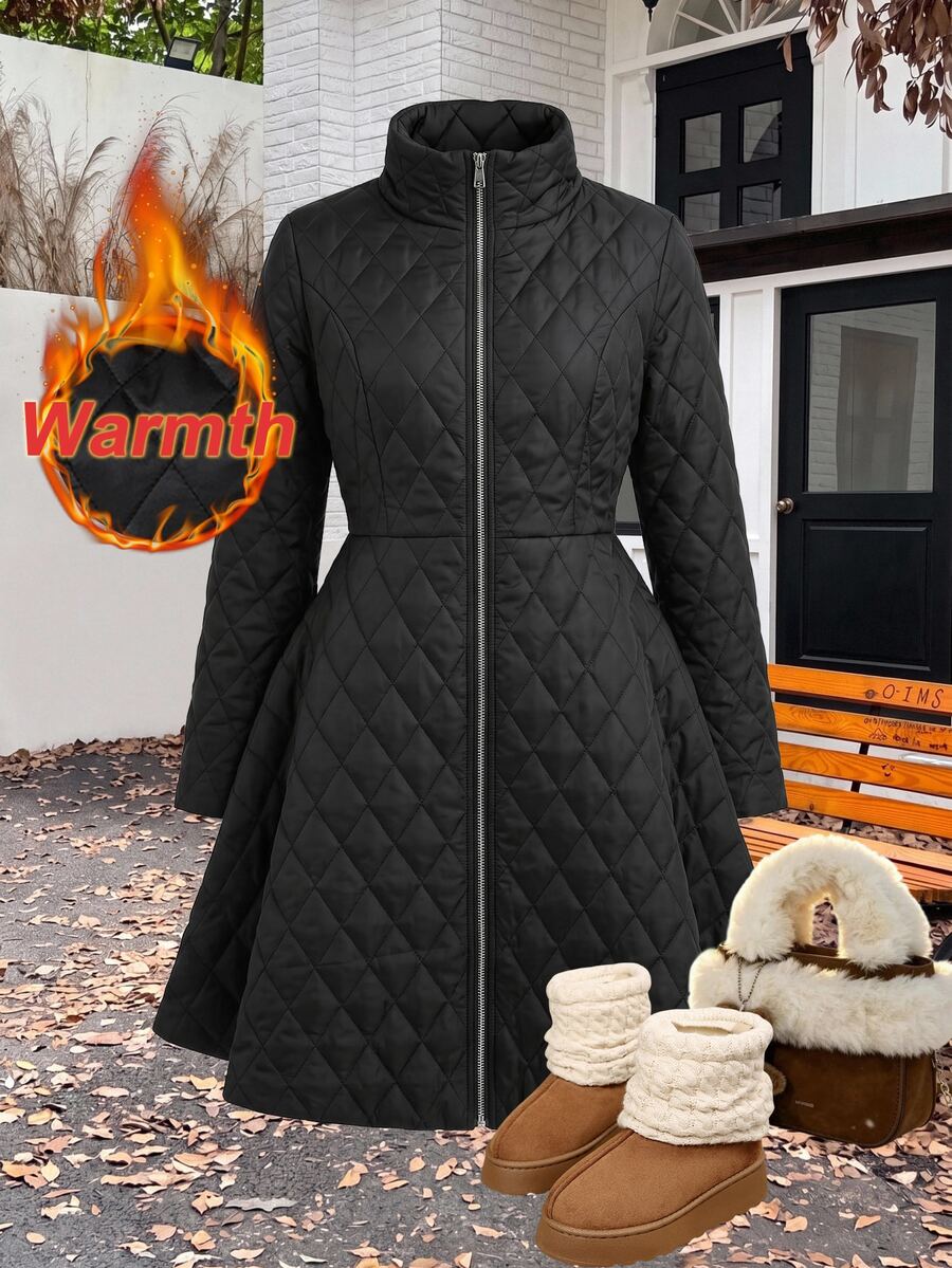 Solflare Plus Size Pocket Zipper Solid Color Padded Coat Winter,Fall,Casual,Going Out