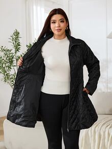 Solflare Plus Size Pocket Zipper Solid Color Padded Coat Winter,Fall,Casual,Going Out - Black - View 8