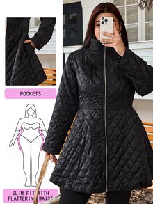 Solflare Plus Size Pocket Zipper Solid Color Padded Coat Winter,Fall,Casual,Going Out - Black - View 3