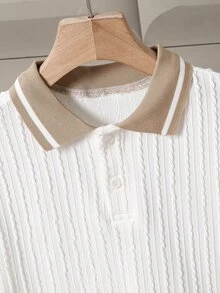 SHEIN 青少年男孩短袖 Polo 衫長褲套裝 寬鬆秋季正式可愛穿搭 生日派對 海灘婚禮 畢業返校 白色黑色 - 卡其色 - 查看 7