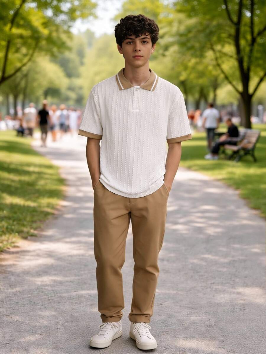 SHEIN 青少年男孩短袖 Polo 衫長褲套裝 寬鬆秋季正式可愛穿搭 生日派對 海灘婚禮 畢業返校 白色黑色