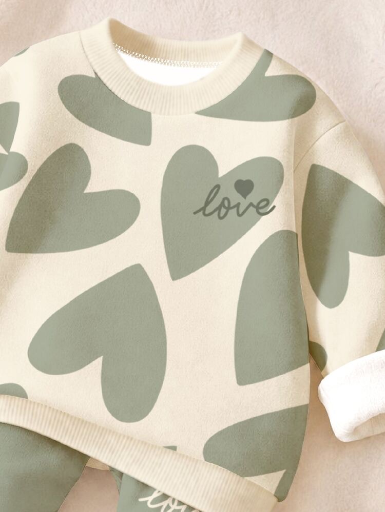 Oatmeal Matcha Color, Sweet Girl Abstract Geometric Heart Pattern Print, Baby Girl Casual Comfortable Soft Fleece Lined Crew Neck Long Sleeve Sweatshirt And Brushed Leggings Set, Suitable For Autumn/Winter Daily, Vacation, Happy Holidays, Valentine's Day, Christmas, Sweet Lazy Casual, Relaxed Fashion - Multicolor - View 7