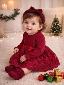 SHEIN Baby Girl Knitted Round Neck Colorblock Woven Mesh Hem Casual Dress - Red - View 7
