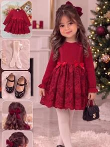 SHEIN Baby Girl Knitted Round Neck Colorblock Woven Mesh Hem Casual Dress - Red - View 1