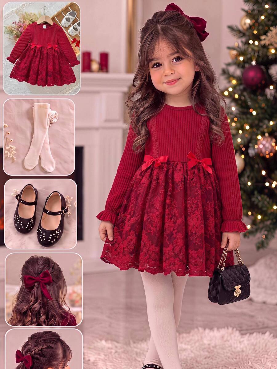 SHEIN Baby Girl Knitted Round Neck Colorblock Woven Mesh Hem Casual Dress - Red - View 1