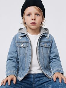 Maija Kids Maija Kids 男童时尚休闲灰色针织连帽拼接蓝色牛仔长袖破洞夹克，适合日常穿着和秋季男童服装 - 彩色 - 查看 4