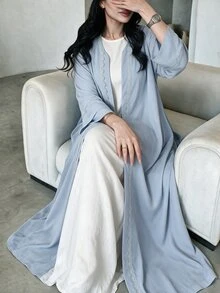 Yasmyna عباية عربية نسائية بلون موحد مع دانتيل متباين وأكمام طويلة، أنيقة ومحتشمة، مناسبة للزفاف والخروجات في فصل الخريف - الأزرق - مشاهدة 4