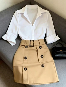 GlowEve CURVE White Collared Shirt With Square Buckle High Waist A-Line Mini Skirt Fall - White - View 5