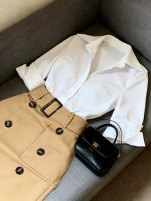 GlowEve CURVE White Collared Shirt With Square Buckle High Waist A-Line Mini Skirt Fall - White - View 6