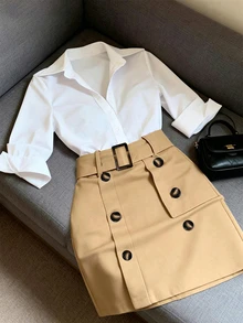 GlowEve CURVE White Collared Shirt With Square Buckle High Waist A-Line Mini Skirt Fall - White - View 8