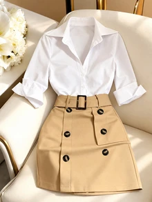 GlowEve CURVE White Collared Shirt With Square Buckle High Waist A-Line Mini Skirt Fall - White - View 3