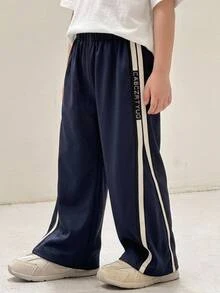 SHEIN 1件兒童小男孩休閒運動校園風黑色百搭時尚極簡實用柔軟舒適直筒長褲，創意字母織帶設計，適合日常穿著、上學、旅行、運動、街頭風，春夏秋冬四季皆宜 - 藏蓝色 - 查看 3