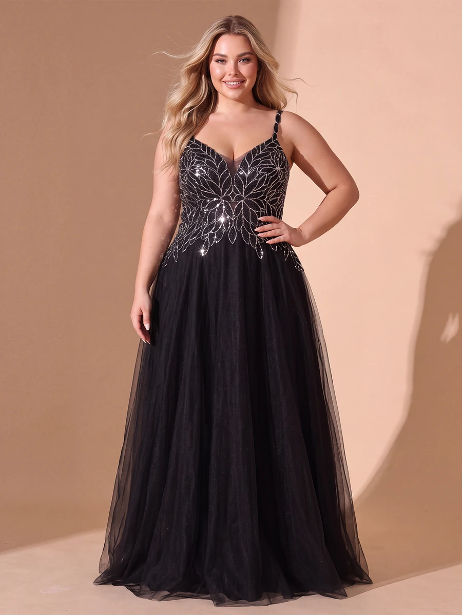 Cravure Plus Size Women's Black Sleeveless Lace Strap Evening Dress Christmas - Black - View 1