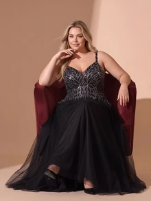 Cravure Plus Size Women's Black Sleeveless Lace Strap Evening Dress Christmas - Black - View 7
