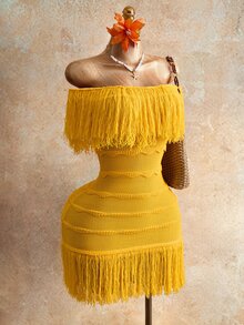 Mistrie Autumn Knit Sweater Dress, Open Shoulder Three-Dimensional Wavy Stripes Tassel Slim Short Mustard Yellow, Boho Tropical Sexy, Birthday Party Beach - Yellow - View 9