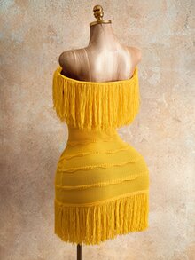 Mistrie Autumn Knit Sweater Dress, Open Shoulder Three-Dimensional Wavy Stripes Tassel Slim Short Mustard Yellow, Boho Tropical Sexy, Birthday Party Beach - Yellow - View 3