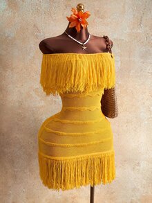 Mistrie Autumn Knit Sweater Dress, Open Shoulder Three-Dimensional Wavy Stripes Tassel Slim Short Mustard Yellow, Boho Tropical Sexy, Birthday Party Beach - Yellow - View 4