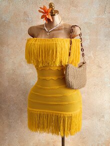 Mistrie Autumn Knit Sweater Dress, Open Shoulder Three-Dimensional Wavy Stripes Tassel Slim Short Mustard Yellow, Boho Tropical Sexy, Birthday Party Beach - Yellow - View 8