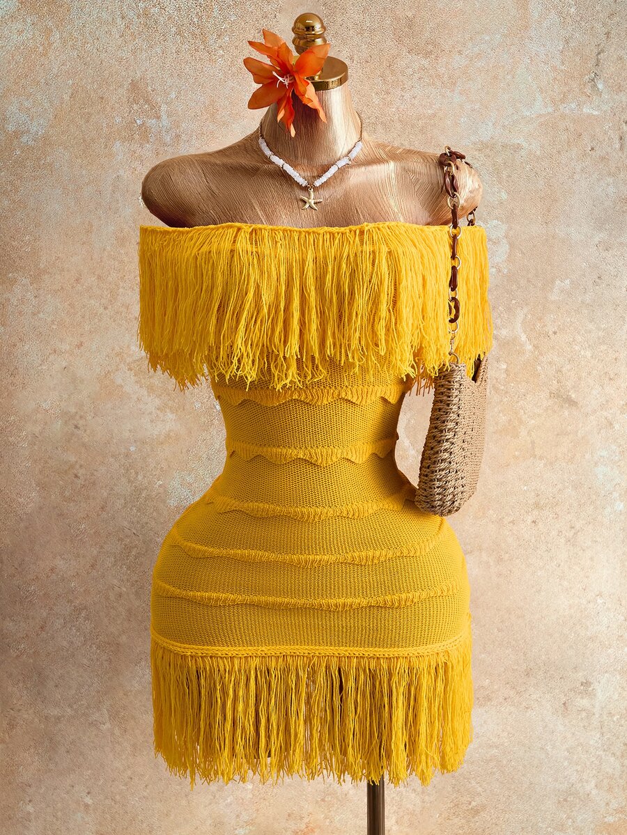 Mistrie Autumn Knit Sweater Dress, Open Shoulder Three-Dimensional Wavy Stripes Tassel Slim Short Mustard Yellow, Boho Tropical Sexy, Birthday Party Beach