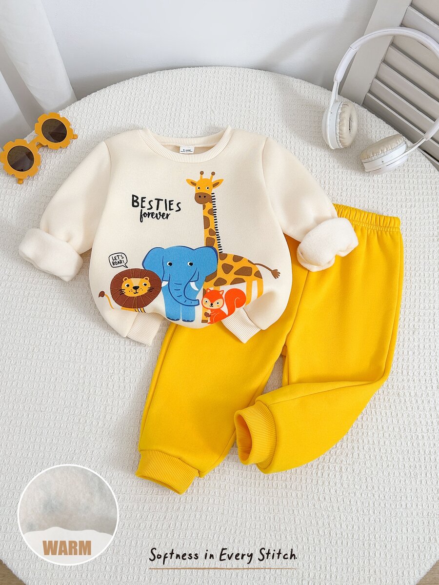 Cozy Pixies Baby Boy Cartoon Print Long Sleeve Sweatshirt & Pants Casual Daily Outfit - Multicolor - View 1