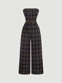 Skyraze Women's Plaid Casual Daily Strapless Jumpsuit - Navy Blue - View 5