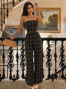 Skyraze Women's Plaid Casual Daily Strapless Jumpsuit - Navy Blue - View 4