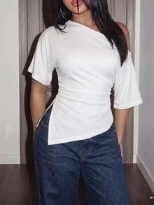 Slaydiva New Summer/Fall Women's Ribbed Asymmetrical Hem One Shoulder Short Sleeve Top/Y2k/Holiday/Streetwear/Rave/Going Out/Party/Night Club/Back To School - White - View 5