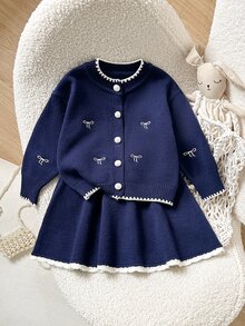 SHEIN Baby Girl Knitted Contrast Color Bow Pattern Casual Sweater And Winter Skirt 2 Pieces Set Autumn - Blue and White - View 3