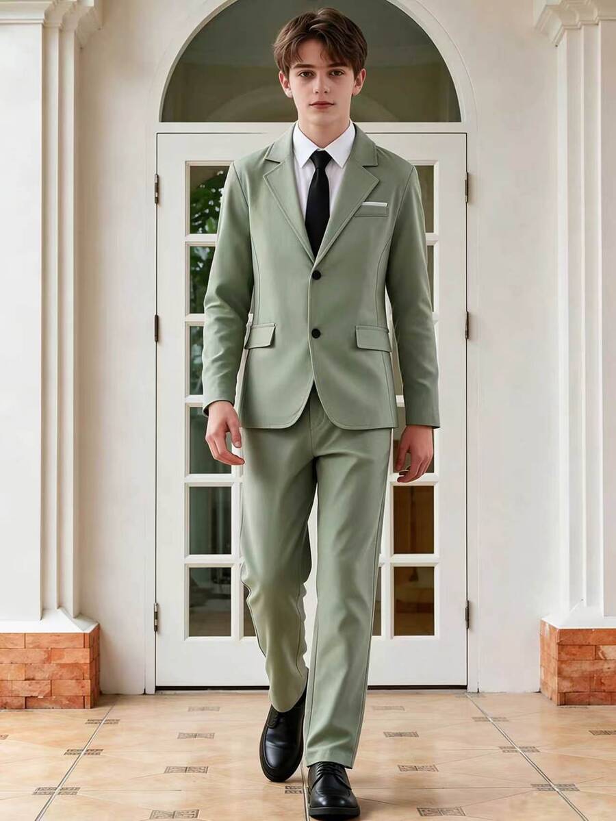 SHEIN Teen Boys Red Suit Jacket Trousers, Formal Cute Teen Baggy Cute Gentleman Outfit Sixth Form, Wedding Holiday, Graduation, Party, Back To School Fall - Green - View 1