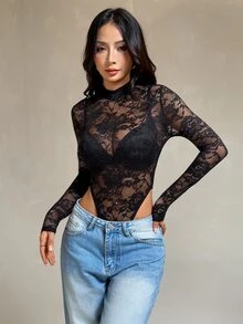 SHEIN PETITE Women's Lace Sexy Versatile Date & Outing Bodysuit - Black - View 7