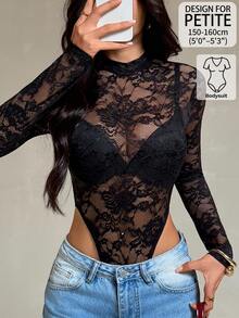 SHEIN PETITE Women's Lace Sexy Versatile Date & Outing Bodysuit - Black - View 9