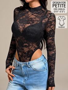 SHEIN PETITE Women's Lace Sexy Versatile Date & Outing Bodysuit - Black - View 8