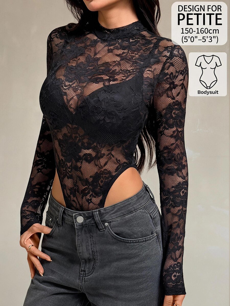 SHEIN PETITE Women's Lace Sexy Versatile Date & Outing Bodysuit - Black - View 1