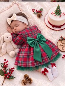 Cozy Pixies Baby Girl Woven Plaid Round Neck 3D Bow Ruffle Trim Mesh Patchwork Casual Dress - Multicolor - View 7