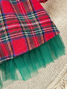 Cozy Pixies Baby Girl Woven Plaid Round Neck 3D Bow Ruffle Trim Mesh Patchwork Casual Dress - Multicolor - View 8