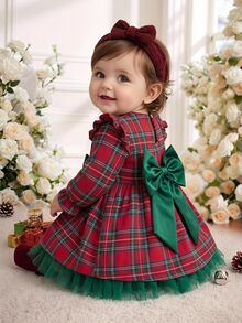 Cozy Pixies Baby Girl Woven Plaid Round Neck 3D Bow Ruffle Trim Mesh Patchwork Casual Dress - Multicolor - View 3