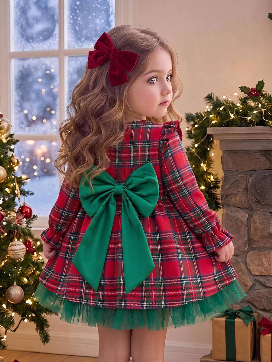 Cozy Pixies Baby Girl Woven Plaid Round Neck 3D Bow Ruffle Trim Mesh Patchwork Casual Dress - Multicolor - View 1