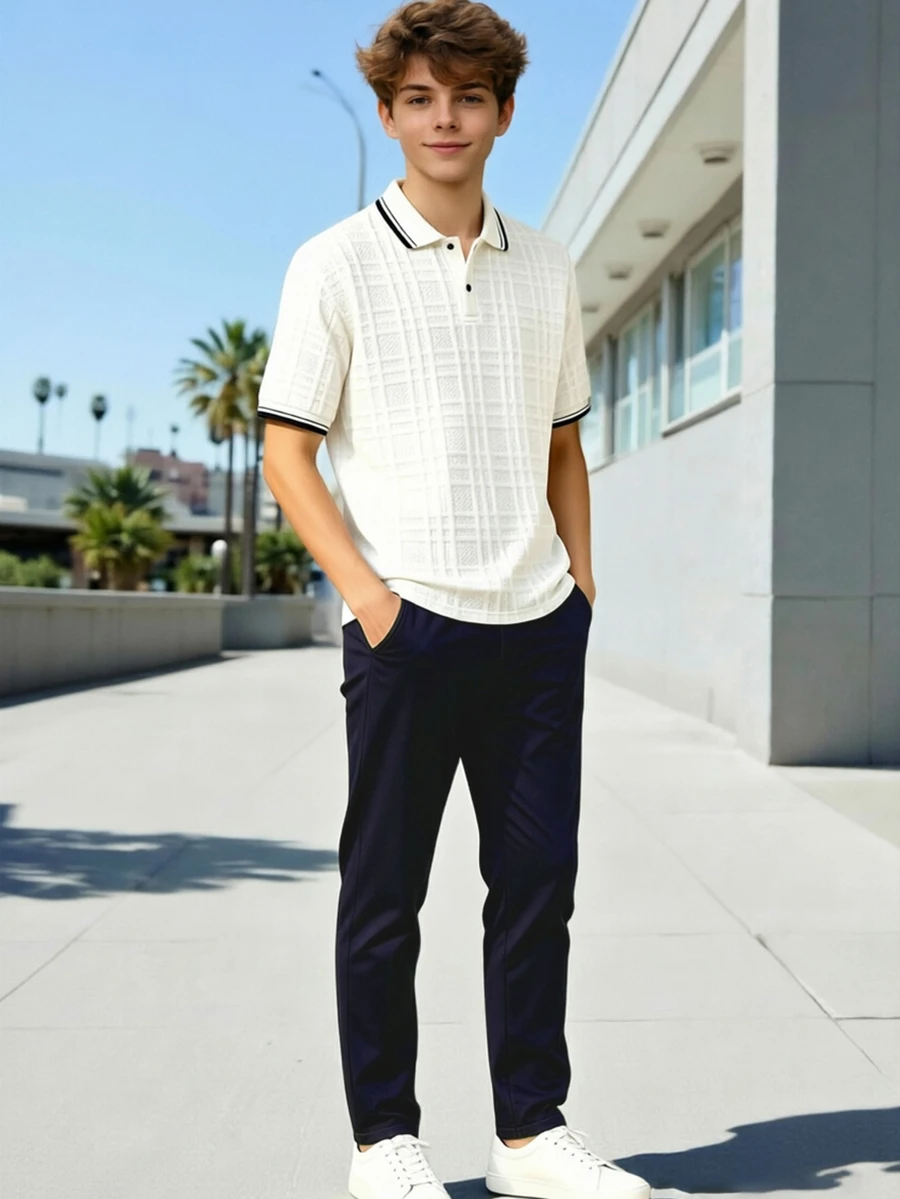 SHEIN 两件套青少年男士休闲套装,格纹短袖Polo衫+藏蓝色长裤,优雅套装,适合生日派对、婚礼、毕业典礼、周年纪念等场合。 - 藏蓝色 - 查看 1