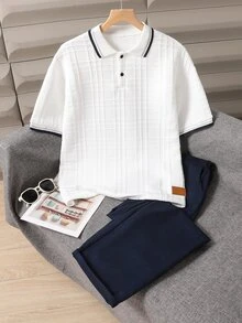 SHEIN 两件套青少年男士休闲套装，格纹短袖Polo衫+藏蓝色长裤，优雅套装，适合生日派对、婚礼、毕业典礼、周年纪念等场合。 - 藏蓝色 - 查看 3