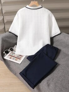 SHEIN 两件套青少年男士休闲套装，格纹短袖Polo衫+藏蓝色长裤，优雅套装，适合生日派对、婚礼、毕业典礼、周年纪念等场合。 - 藏蓝色 - 查看 2