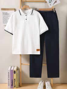 SHEIN 两件套青少年男士休闲套装，格纹短袖Polo衫+藏蓝色长裤，优雅套装，适合生日派对、婚礼、毕业典礼、周年纪念等场合。 - 藏蓝色 - 查看 4