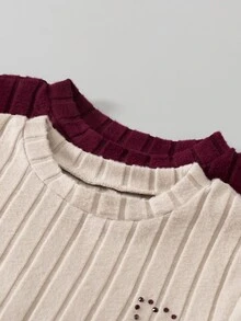 SHEIN Vintaside Kids Gaun Anak Perempuan Remaja 2 Potong Warna Cokelat dan Krem Polos Model Mengembang, Atasan Bergaris Kontras Elegan dengan Bordir, Gaun Putri untuk Acara Thanksgiving dan Musim Gugur - MultiWarna - View 4