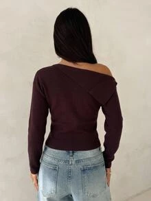 Aloruh 女款酒紅色金屬扣針織毛衣，外出晚餐上衣，聖誕派對上衣，秋季優雅款 - 紫色 - 查看 4