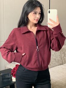 Seusyu 女款酒紅色燈芯絨短夾克,圓領拉鍊,彈性下擺附抽繩,落肩設計,口袋裝飾,復古休閒上衣 - 酒紅色 - 查看 2