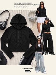 Comfortcana Plus Size Women's Casual Baggy Smart Zip-Up Fleece-Feel High Elastic Slim Fit Jacket Fall Race Day Office Going Out Black - Black - View 6