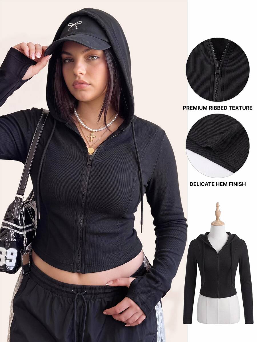 Comfortcana Plus Size Women's Casual Baggy Smart Zip-Up Fleece-Feel High Elastic Slim Fit Jacket Fall Race Day Office Going Out Black - Black - View 1