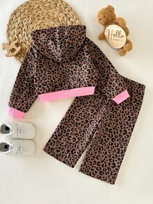 SHEIN Baby Girl Knitted Leopard Print Colorblock Horse Logo Hooded Cardigan And Pants 2 Pieces Set - Multicolor - View 2